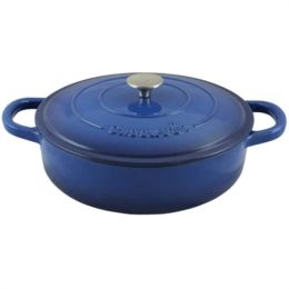 Crock Pot Artisan 5 Quart Round Enameled Cast Iron Braiser Pan with Lid, Sapphire Blue